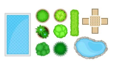 Landscape Design Elements with Green Bushes and Swimming Pool Vector Set イラスト素材