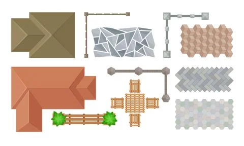 Landscape Design Elements with Stone Setting and Pergola Vector Set Stock Illustration