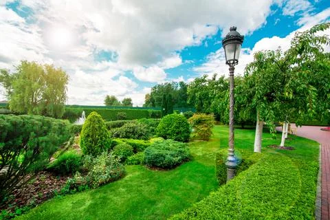 Landscape design hedge and different green plants with lantern with clouds. Stock Photos