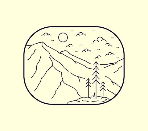 Landscape design of mountains and pine trees in mono line art Stock Illustration