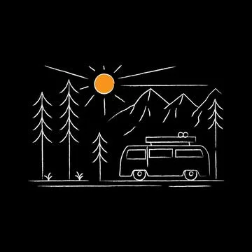 Landscape design of mountains and van car in mono line art Stock Illustration