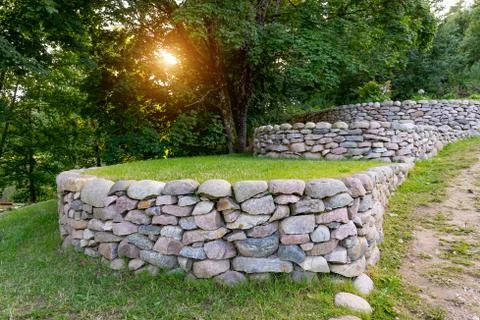 Landscape design of stone steps on a multi-level plot Stock Photos