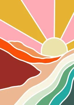 Landscape drawing in digital vector format in pastel colors Stock Illustration