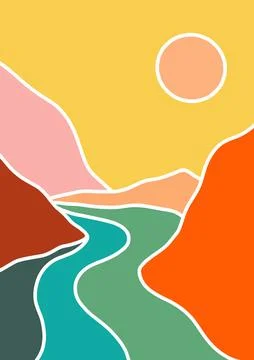 Landscape drawing in digital vector format in pastel colors Stock Illustration