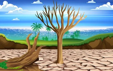 Landscape of dry tree in the dry river Stock Illustration