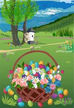 Landscape with an Easter tree, Stock Illustration