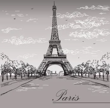 Landscape with Eiffel tower in black and white colors on grey background Stock Illustration