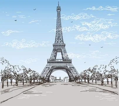 Landscape with Eiffel tower in black and wwhite colors on blue and grey backg イラスト素材