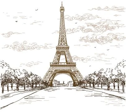 Landscape with Eiffel tower in brown colors on white background Stock Illustration