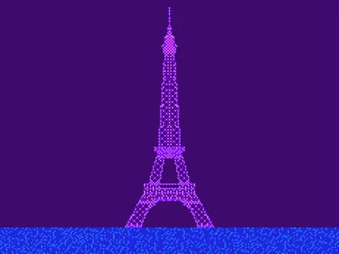 Landscape with Eiffel Tower in pixel art style. 8-bit Eiffel Towers retro v.. Illustrazione stock