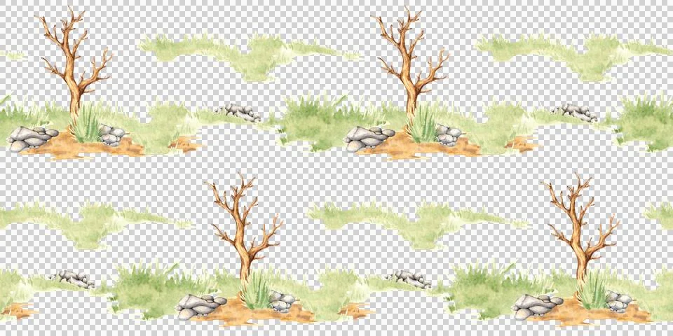 Landscape element of dry tree on a vacant lot pattern in watercolor Stock Illustration
