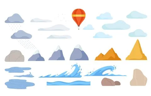 Landscape Elements with Clouds, Mountain Peaks and Water Big Vector Set Illustrazione stock