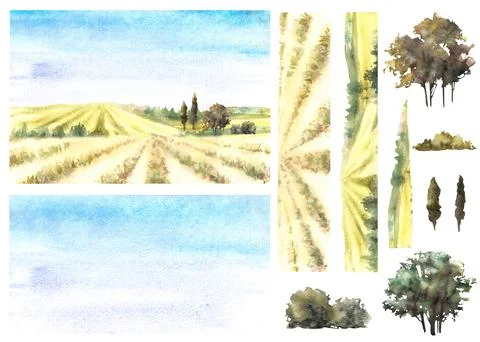 Landscape elements set. Field, bushes trees, blue sky Watercolor France or Stock Illustration
