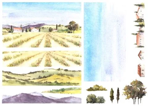 Landscape elements set. Field, bushes trees, houses, sky, mountains, hills 库存插图