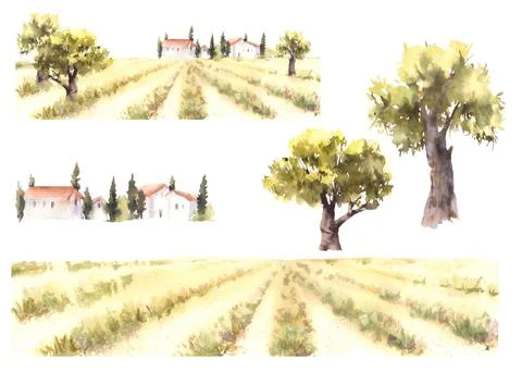 Landscape elements set Field, houses, trees and hills Watercolor rural scene Illustrazione stock