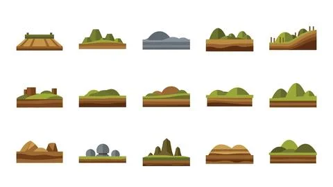 Landscape elements set, ground sections with hills and mountains for game d.. Illustrazione stock