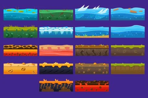 Landscape elements sett, ground collection, surfaces for computer games vector Stock Illustration