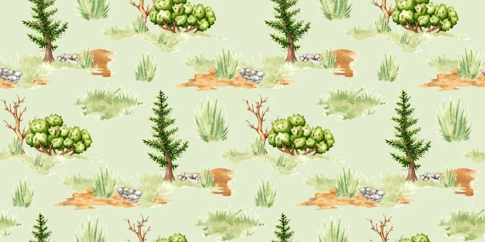 Landscape elements trees, bushes and grass pattern in watercolor Stock Illustration