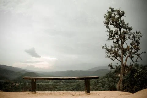 Landscape with empty bench at view point Stock Photos