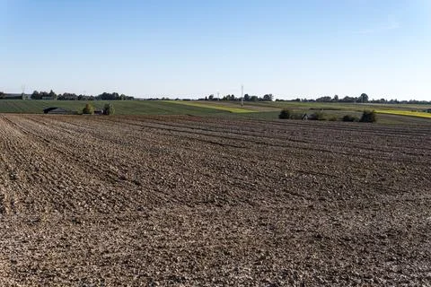 Landscape with empty fields during sunny day in autumn Foto stock