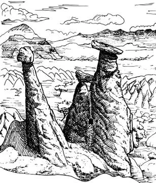 Landscape of eroded rocky cliffs in Cappadocia Stock Illustration