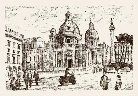 Landscape In European Town Rome In Italy . Engraved Hand Drawn In Old Sketch And