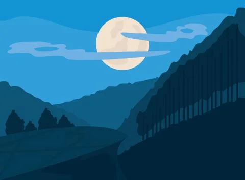 Landscape evening moon clouds mountains trees scenery Stock Illustration