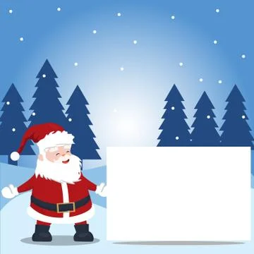 Landscape falling snow with pine trees and santa claus standing showing banne Illustrazione stock