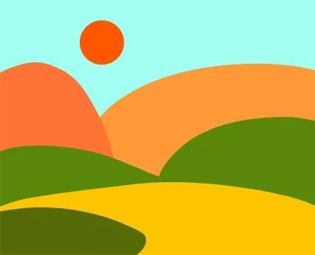 Landscape. Field mountains forest sun. Summer autumn Flat Stock Illustration