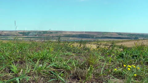 Landscape with a field of windmill on the background,Constanta,Romania Stock Footage 68616570