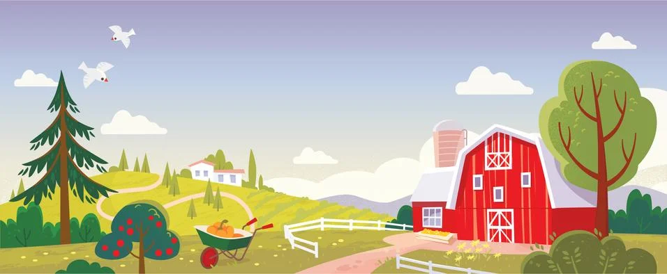 Landscape with fields and red barn. Rural landscape. Ilustración de archivo