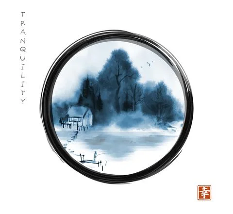 Landscape with fisherman by blue misty riverside in black enso zen circle on Stock Illustration