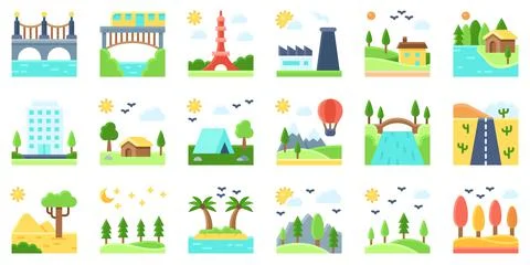 Landscape flat icon set 3 vector illustration Ilustración de archivo