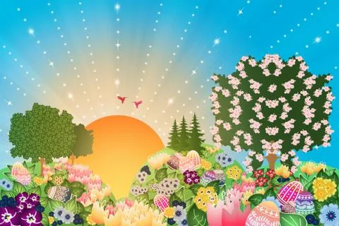 Landscape with flowers and easter eggs Stock Illustration