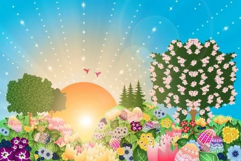 Landscape with flowers and easter eggs lens flares Stock Illustration