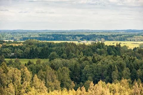 Landscape with forest and fields. Blue Sky. Nature in Lithuania. View From .. Stock Photos