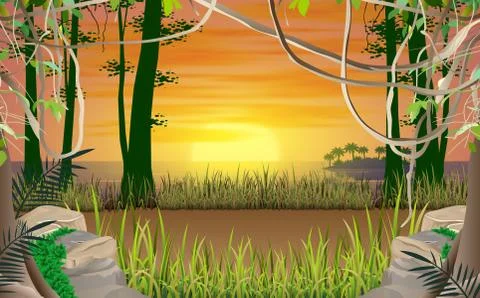 Landscape of forest on the beach in sunset Stock Illustration