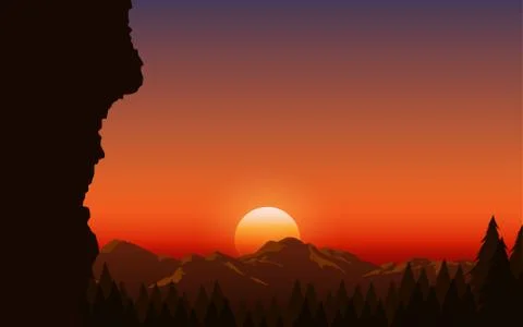 Landscape of forest in the mountain in sunset Stock Illustration