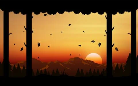 Landscape of forest in the mountain in sunset Stock Illustration