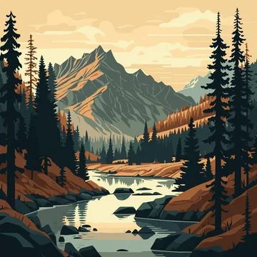 Landscape of forest river and big mountain Stock Illustration