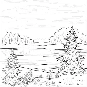 Landscape. forest river, outline Stock Illustration