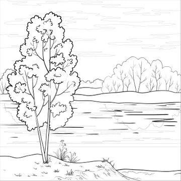 Landscape. Forest river, outline Stock Illustration