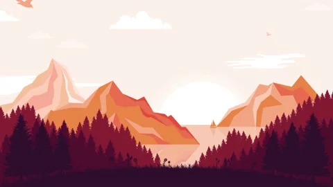Landscape with forest trees and sun in the mountains and lake animation video 4K Stock Footage 136642948