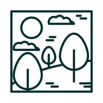 Landscape forest trees desert clouds sun cartoon line icon style Stock Illustration