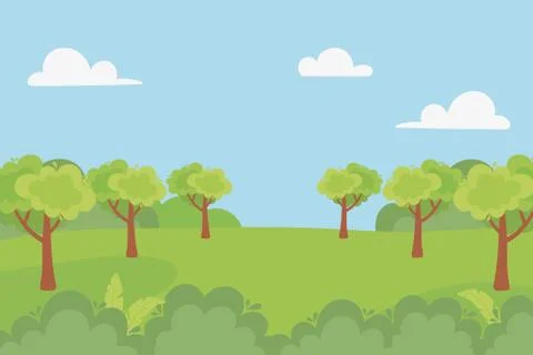 Landscape forest trees field bush clouds sky Stock Illustration
