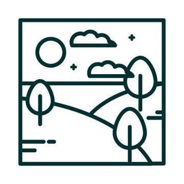 Landscape forest trees night moon sky clouds cartoon line icon style Stock Illustration