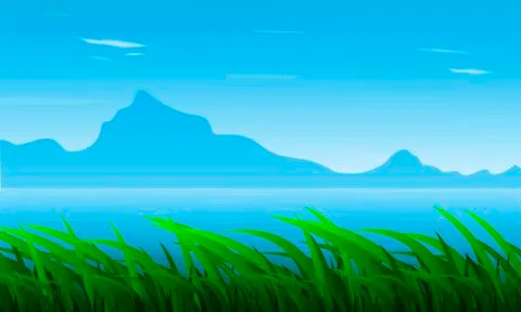 Landscape of grass against the background of the river and mountains Stock Illustration