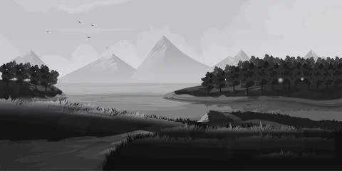 Landscape with grass and mountains vector .Black and white illustration Stock Illustration
