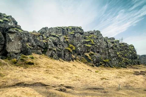 Landscape with green moss on cliffs Stock Photos