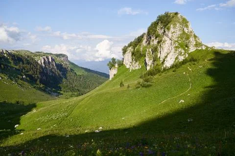 Landscape with green mountain pass surrounded by rocks at sunset. Stock Photos